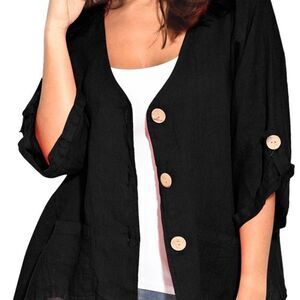 Black Roll Tab Sleeve Button Front Casual Shirt